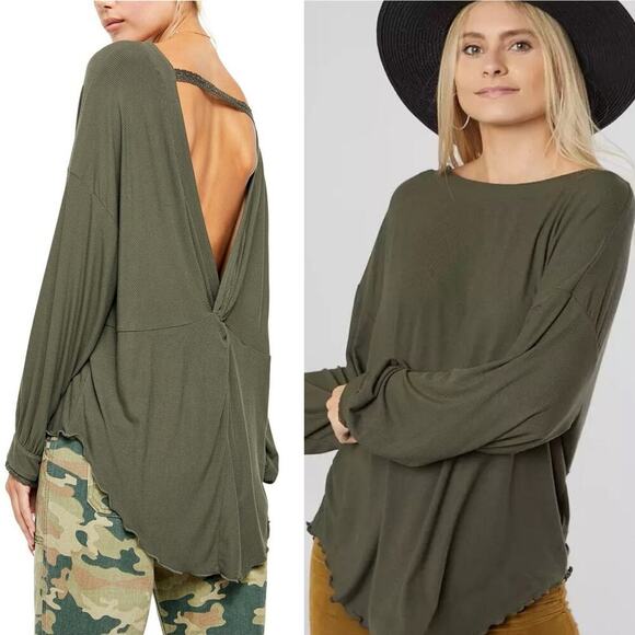 Free People Shimmy Shake Long Sleeve Top Open Back Olive/Army Green Size Small - Picture 1 of 7